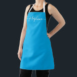 Chic Elegant script Name Cyan Blue Apron<br><div class="desc">She'll love a personalized apron as she bakes those goodies,  cooks delicious dishes or work with her plants. A perfect gift to encourage her talents. White script for the name with long-tail embellishments on cyan blue.</div>