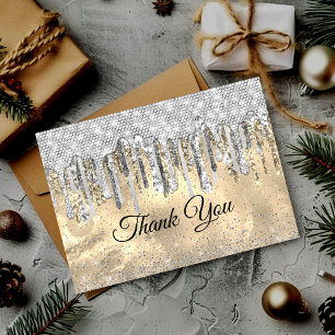 Chic elegant silver gold glitter drips thank you card