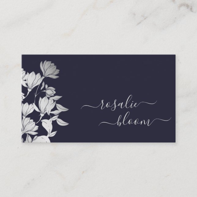 Chic Elegant Simple Floral Pattern Dark Navy Blue Business Card (Front)