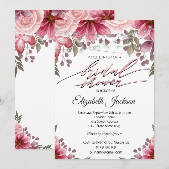 Chic Elegant String Lights Floral Bridal Shower Invitation (Front/Back)