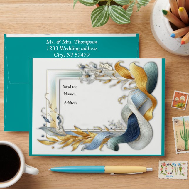 Chic Elegant Swirls in Gold, Silver, Blue, Yellow  Envelope (Desk)