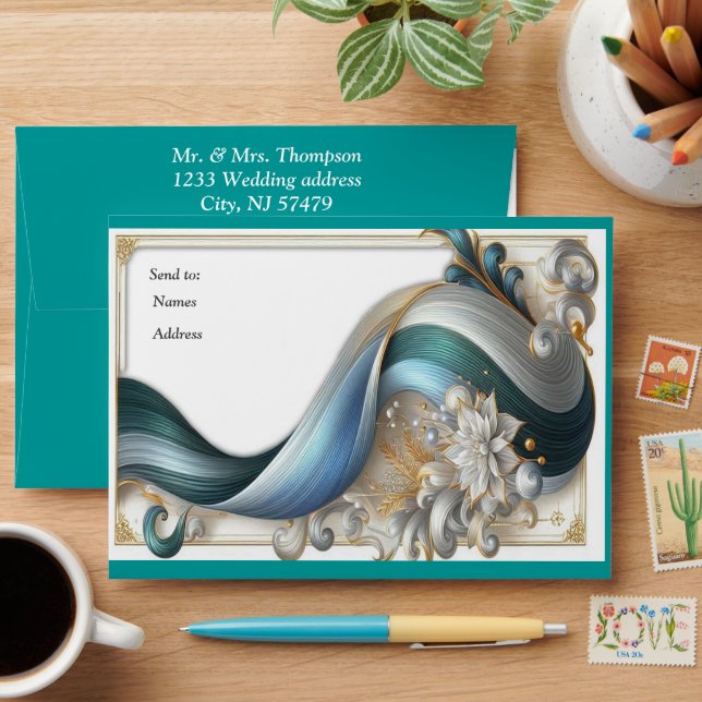 Chic Elegant Swirls in Gold, Silver, Blue, Yellow  Envelope (Desk)