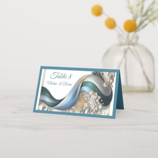 Chic Elegant Swirls in Gold, Silver, Blue, Yellow  Place Card (Front)