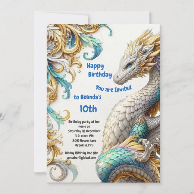 Chic Elegant Swirls in Gold, Silver Playful Dragon Invitation (Front)