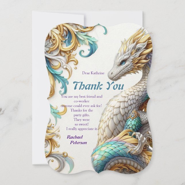 Chic Elegant Swirls in Gold, Silver Playful Dragon Thank You Card (Front)