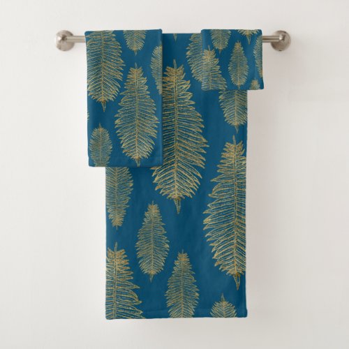 Chic Elegant Teal Blue Gold Fern Leaf Pattern Bath Towel Set