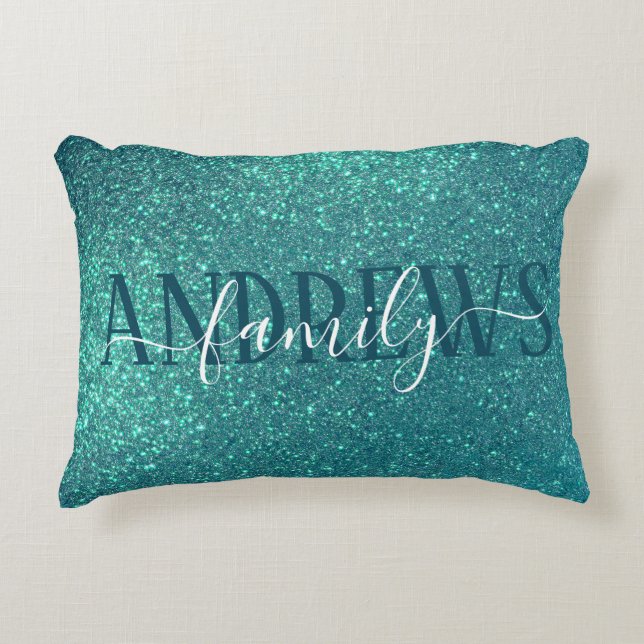 Chic Elegant Teal Blue Sparkly Glitter Family Accent Pillow (Front)