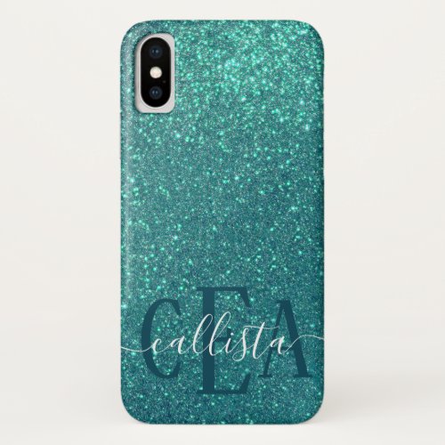 Chic Elegant Teal Blue Sparkly Glitter Monogram iPhone X Case