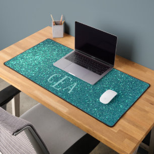 Chic Elegant Teal Blue Sparkly Glitter Monogram Desk Mat