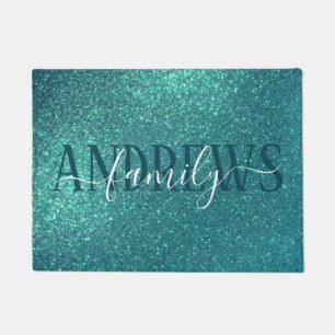 Chic Elegant Teal Blue Sparkly Glitter Monogram Doormat