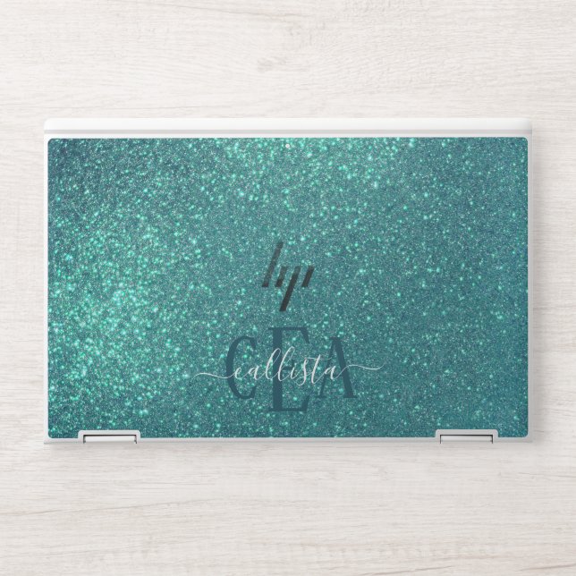 Chic Elegant Teal Blue Sparkly Glitter Monogram HP Laptop Skin (Front)