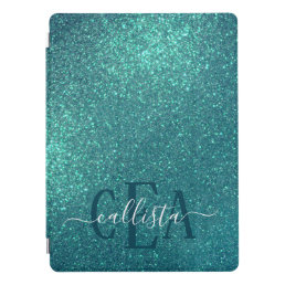 Chic Elegant Teal Blue Sparkly Glitter Monogram iPad Pro Cover