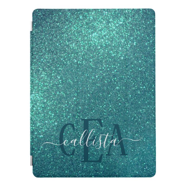Chic Elegant Teal Blue Sparkly Glitter Monogram iPad Pro Cover (Front)