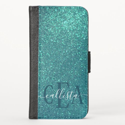 Chic Elegant Teal Blue Sparkly Glitter Monogram iPhone X Wallet Case