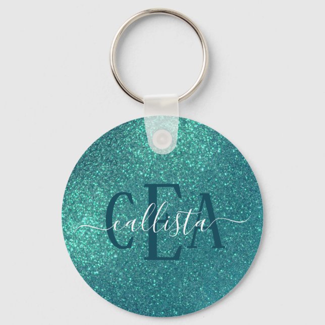 Chic Elegant Teal Blue Sparkly Glitter Monogram Keychain (Front)
