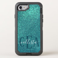 Chic Elegant Teal Blue Sparkly Glitter Monogram
