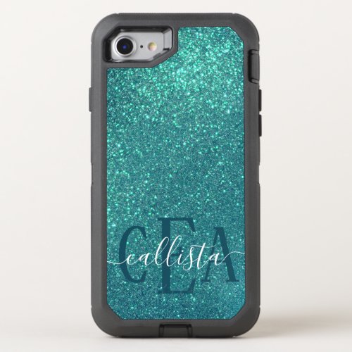 Chic Elegant Teal Blue Sparkly Glitter Monogram OtterBox Defender iPhone SE87 Case