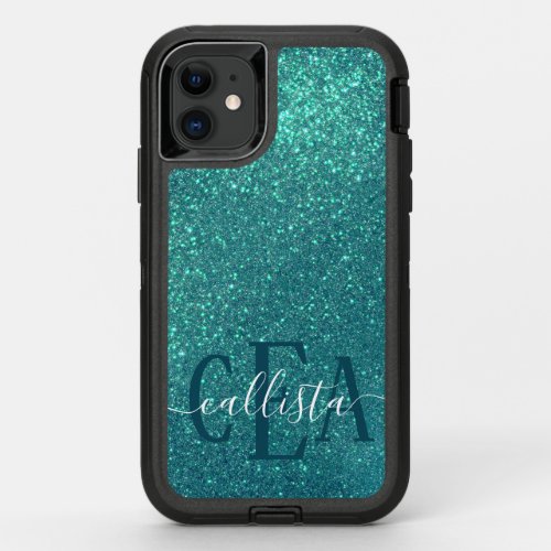 Chic Elegant Teal Blue Sparkly Glitter Monogram OtterBox Defender iPhone 11 Case