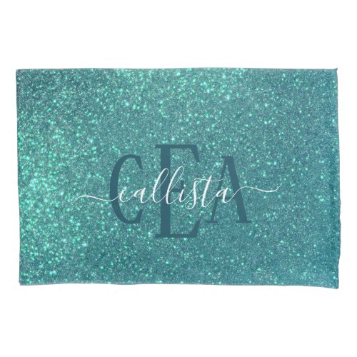 Chic Elegant Teal Blue Sparkly Glitter Monogram Pillow Case