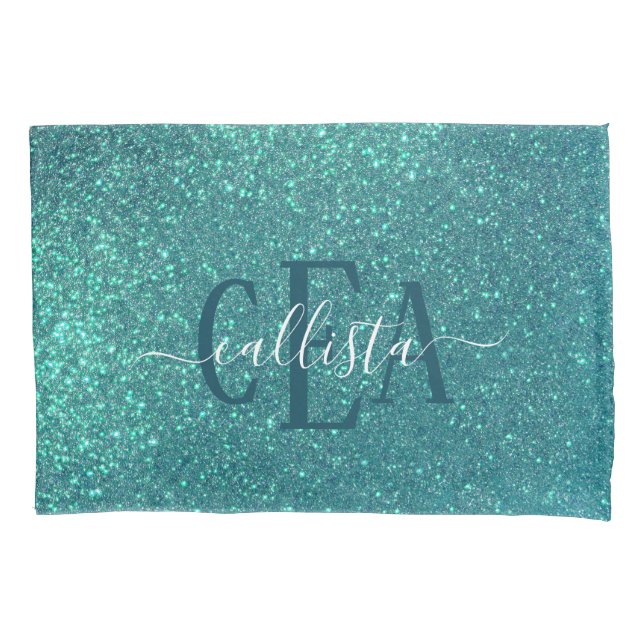 Chic Elegant Teal Blue Sparkly Glitter Monogram Pillow Case (Front)