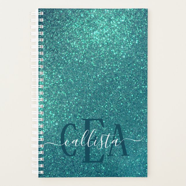 Chic Elegant Teal Blue Sparkly Glitter Monogram Planner (Front)