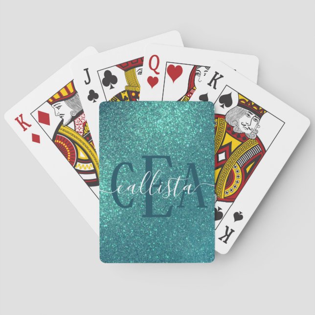 Chic Elegant Teal Blue Sparkly Glitter Monogram Poker Cards (Back)