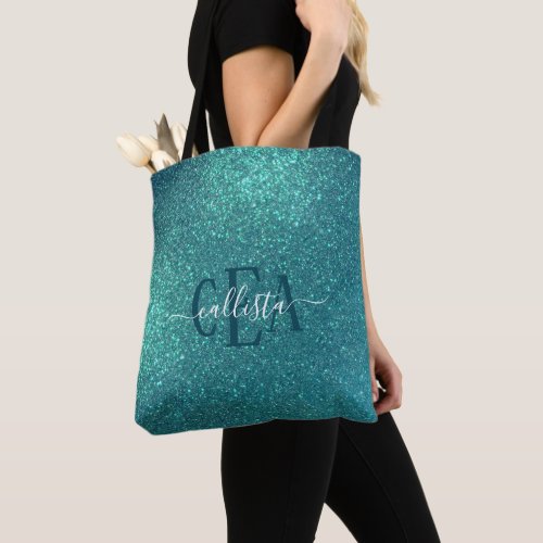Chic Elegant Teal Blue Sparkly Glitter Monogram Tote Bag