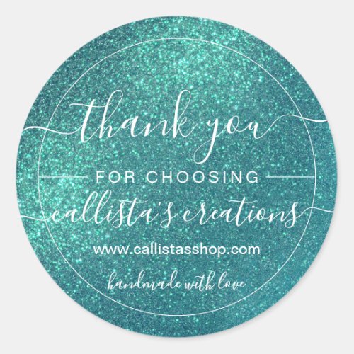 Chic Elegant Teal Blue Sparkly Glitter Thank You Classic Round Sticker