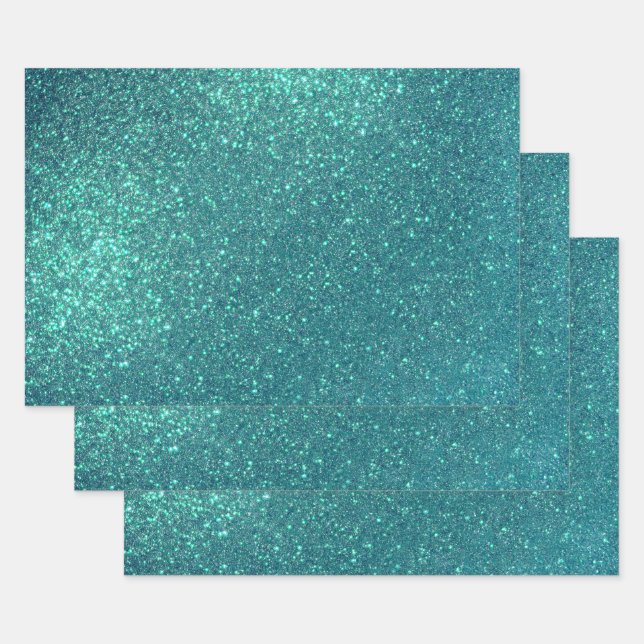 Chic Elegant Teal Blue Sparkly Glitter Wrapping Paper Sheets (Set)