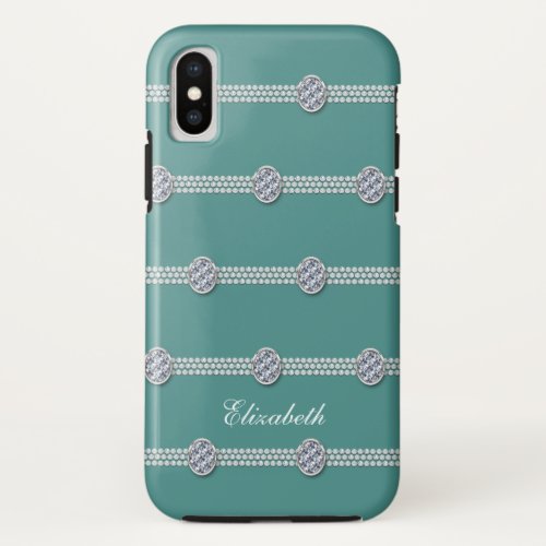 Chic Elegant Teal Faux Diamonds Pearls iPhone X Case