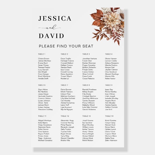 Chic Elegant Terracotta Fall Wedding Seating Chart Foam Board (Front)