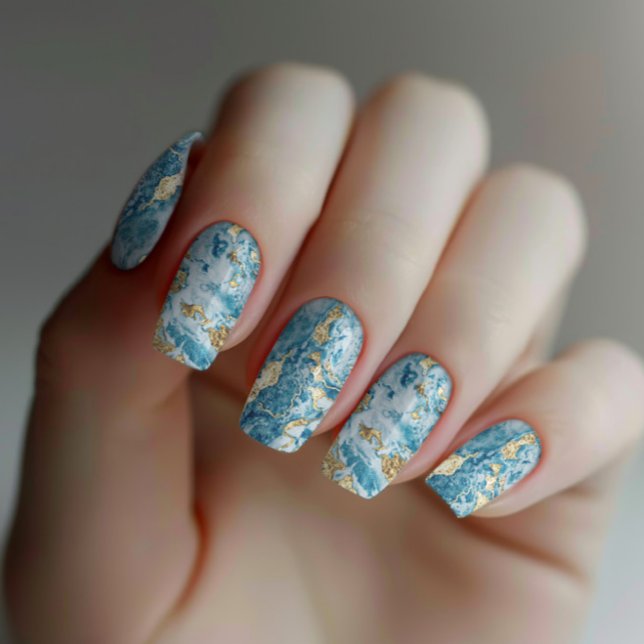 Chic Elegant Trendy Blue Gold Marble Texture Minx Nail Art (Elegant chic trendy fashion blue gold marble texture nail wrap design.)
