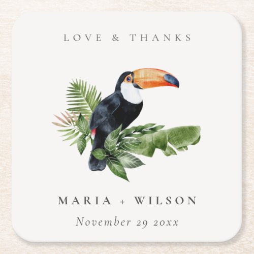 Chic Elegant Tropical Rainforest Toucan Wedding  Square Paper Coaster