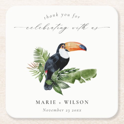 Chic Elegant Tropical Rainforest Toucan Wedding Square Paper Coaster