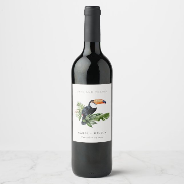 Chic Elegant Tropical Rainforest Toucan Wedding  Wine Label (Front)
