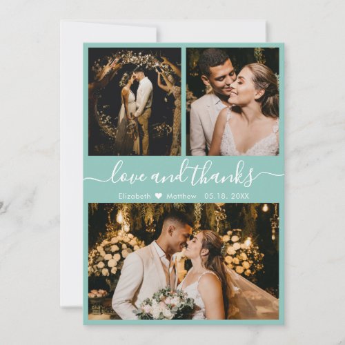 Chic Elegant Turquoise 3 Photo Collage Wedding Thank You Card
