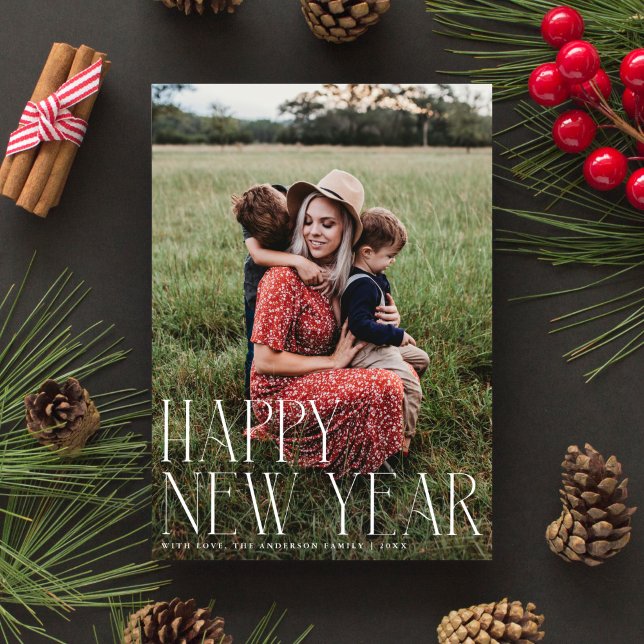 Chic Elegant Typography Happy New Year One Photo Holiday Card (Creator Uploaded)