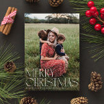 Chic Elegant Typography Merry Christmas One Photo Holiday Card<br><div class="desc">**Greeting color is customizable** This elegant holiday photo card features one vertical "full-bleed" photo and a chic typography greeting which says "Merry Christmas". The back of the card is a coordinating grey and white diagonal stripe pattern, but can be removed or customized if desired. You can also add another photo...</div>