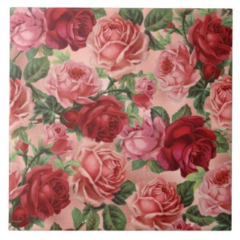 Chic Elegant Vintage Pink Pale Red Rose Floral Ceramic Tile by storechichi at Zazzle