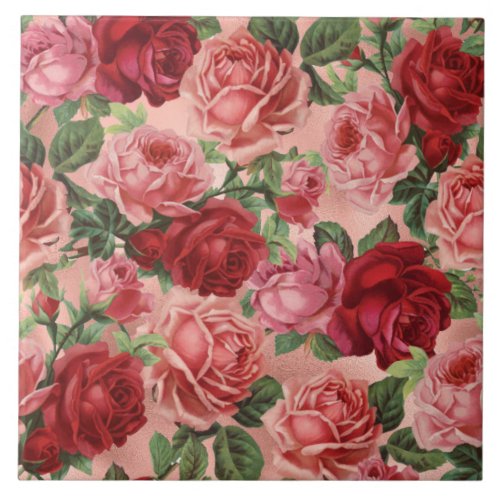 Chic Elegant Vintage Pink Pale red rose floral Ceramic Tile