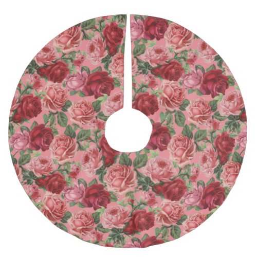 Chic Elegant Vintage Pink Red Roses Floral Brushed Polyester Tree Skirt