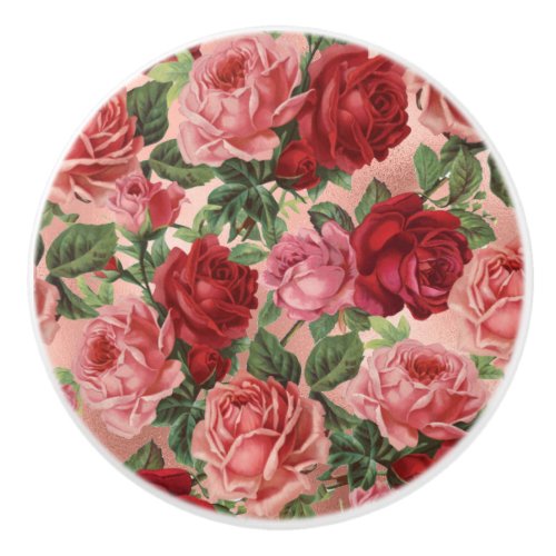 Chic Elegant Vintage Pink Red Roses Floral Ceramic Knob