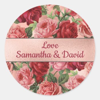 Chic Elegant Vintage Pink Red Roses Floral Classic Round Sticker by storechichi at Zazzle
