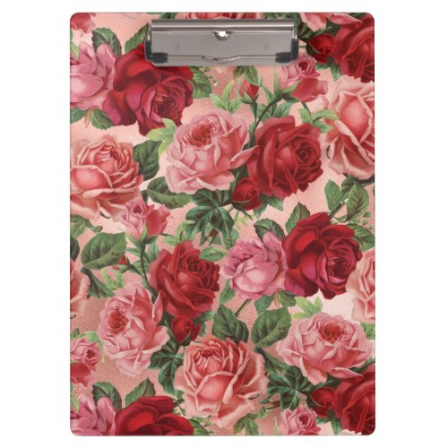 Chic Elegant Vintage Pink Red Roses Floral Clipboard