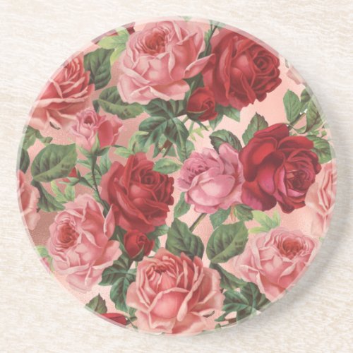 Chic Elegant Vintage Pink Red Roses Floral Coaster