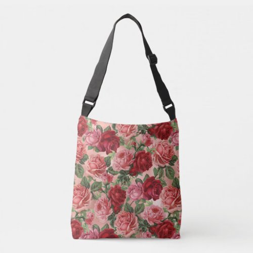 Chic Elegant Vintage Pink Red Roses Floral Crossbody Bag