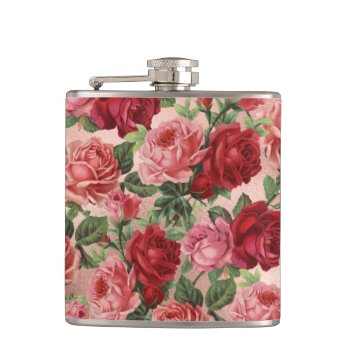 Chic Elegant Vintage Pink Red Roses Floral Flask by storechichi at Zazzle