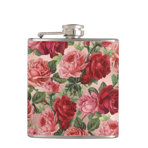 Chic Elegant Vintage Pink Red Roses Floral Flask