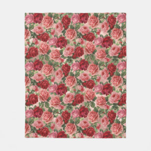 Chic Elegant Vintage Pink Red Roses Floral Fleece Blanket