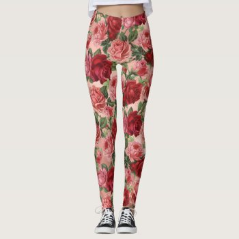 Chic Elegant Vintage Pink Red Roses Floral Leggings by storechichi at Zazzle